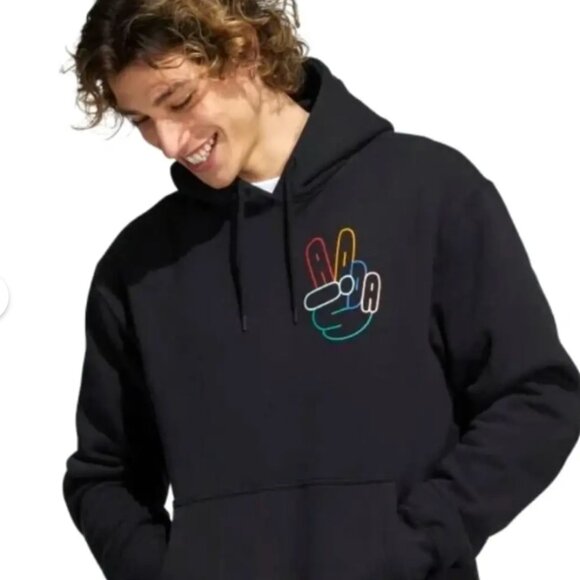 Adidas Mens OG Peace Sign Black Hoodie Size M Kangaroo Pocket Streetwear Skater - Picture 1 of 11
